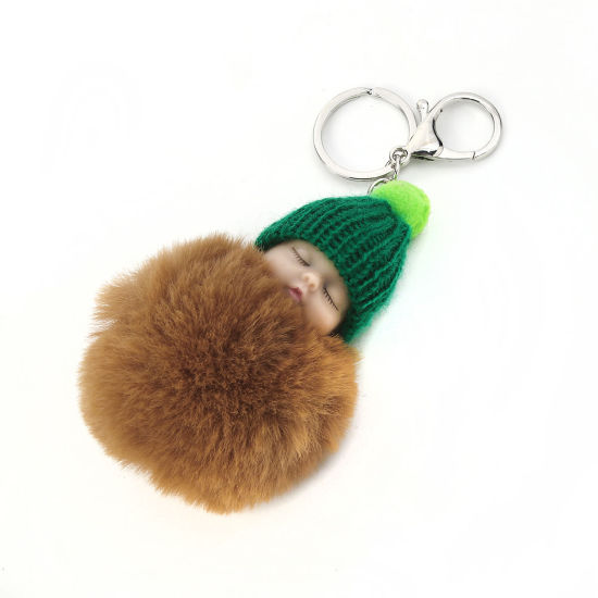 Bild von Plüsch Schlüsselkette & Schlüsselring Pompon Ball Kaffeebraun Grün Puppe 16cm x 8cm, 1 Stück