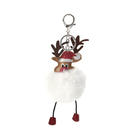 Picture of Plush Keychain & Keyring Pom Pom Ball White Christmas Reindeer 21cm x 8cm, 1 Piece