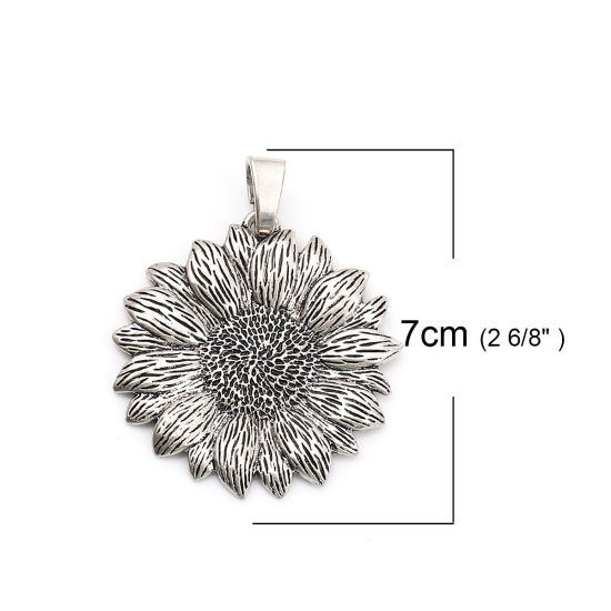 Imagen de Zamak Colgantes Girasol Plata Antigua 70mm x 57mm, 2 Unidades