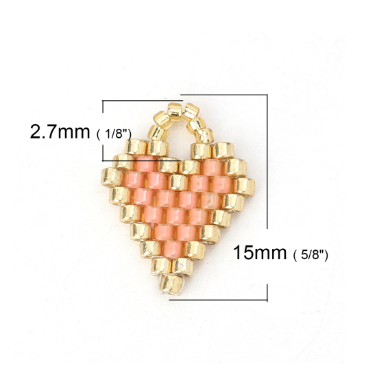 Picture of Glass Seed Beads Charms Heart Orange Pink 15mm( 5/8") x 12mm( 4/8"), 2 PCs