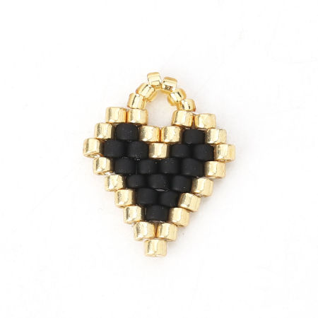Picture of Glass Seed Beads Charms Heart Black 15mm( 5/8") x 12mm( 4/8"), 2 PCs