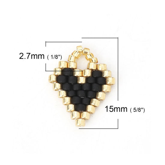 Picture of Glass Seed Beads Charms Heart Black 15mm( 5/8") x 12mm( 4/8"), 2 PCs