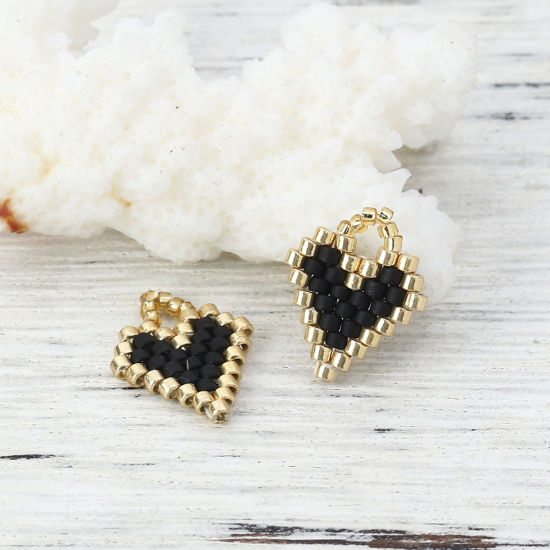 Picture of Glass Seed Beads Charms Heart Black 15mm( 5/8") x 12mm( 4/8"), 2 PCs