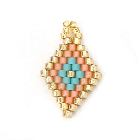 Picture of Glass Seed Beads Charms Rhombus Orange Pink 19mm( 6/8") x 12mm( 4/8"), 2 PCs