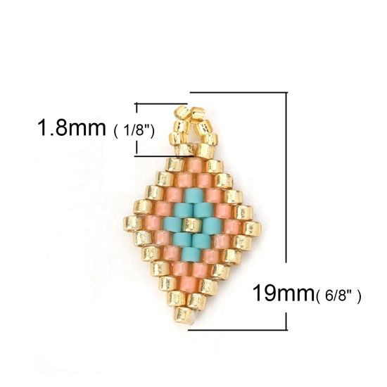 Picture of Glass Seed Beads Charms Rhombus Orange Pink 19mm( 6/8") x 12mm( 4/8"), 2 PCs