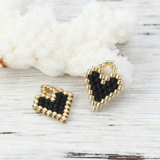 Picture of Glass Seed Beads Charms Heart Coffee 15mm( 5/8") x 12mm( 4/8"), 2 PCs