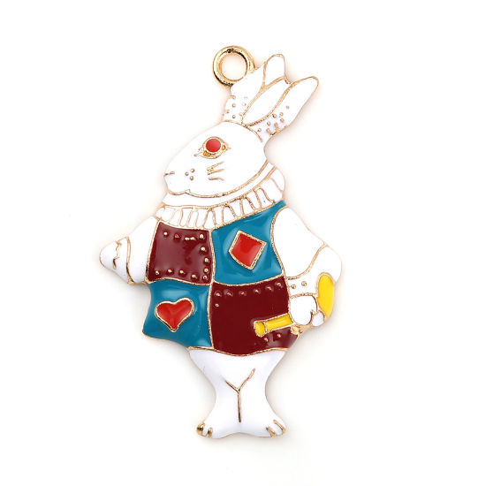 Picture of Zinc Based Alloy Fairy Tale Collection Pendants Rabbit Animal Gold Plated Multicolor Enamel 50mm(2") x 31mm(1 2/8"), 2 PCs