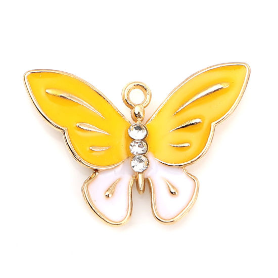 Picture of Zinc Based Alloy Charms Butterfly Animal Gold Plated White & Yellow Clear Rhinestone Enamel 25mm(1") x 18mm( 6/8"), 5 PCs