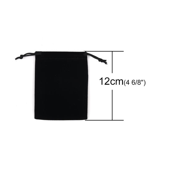 Picture of Velvet Cloth Drawstring Bags Rectangle Black (Usable Space: Approx 10.2x9.2cm) 12cm(4 6/8") x 9.2cm(3 5/8"), 10 PCs