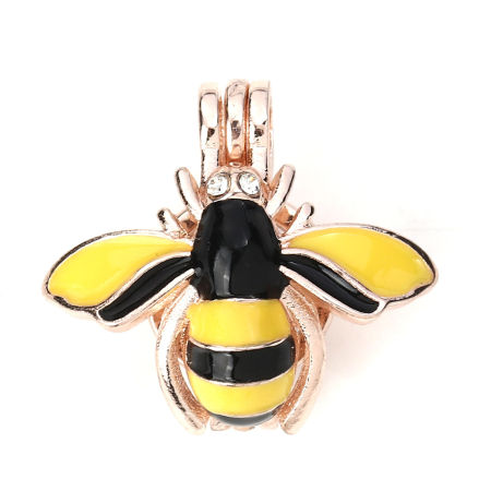 Picture of Zinc Based Alloy Wish Pearl Locket Jewelry Pendants Bee Animal Silver Tone Yellow Clear Rhinestone Enamel Can Open (Fit Bead Size: 8mm) 25mm(1