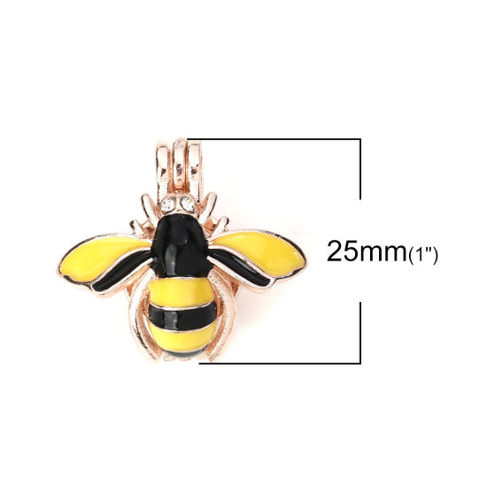 Picture of Zinc Based Alloy Wish Pearl Locket Jewelry Pendants Bee Animal Rose Gold Black & Yellow Clear Rhinestone Enamel Can Open (Fit Bead Size: 8mm) 25mm(1") x 23mm( 7/8"), 3 PCs