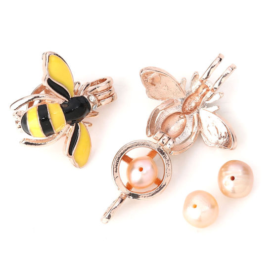 Bild von Zinklegierung Wunsch Perlenkäfig Schmuck Anhänger Biene Rosegold Schwarz & Gelb Transparent Strass Emaille Zum Öffnen (Für Perlengröße: 8mm) 25mm x 23mm, 3 Stück