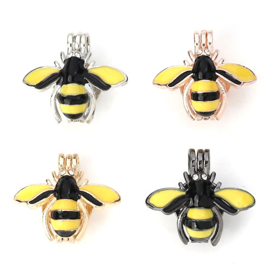 Picture of Zinc Based Alloy Wish Pearl Locket Jewelry Pendants Bee Animal Rose Gold Black & Yellow Clear Rhinestone Enamel Can Open (Fit Bead Size: 8mm) 25mm(1") x 23mm( 7/8"), 3 PCs
