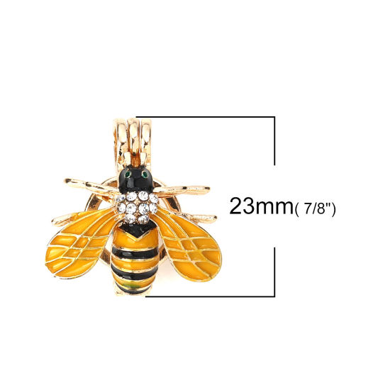 Bild von Zinklegierung Wunsch Perlenkäfig Schmuck Anhänger Biene Vergoldet Orange Transparent Strass Emaille Zum Öffnen (Für Perlengröße: 8mm) 23mm x 22mm, 2 Stück