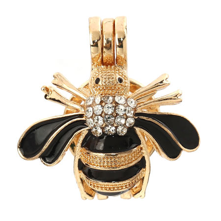 Picture of Zinc Based Alloy Wish Pearl Locket Jewelry Pendants Bee Animal Silver Tone Black Clear Rhinestone Enamel Can Open (Fit Bead Size: 8mm) 23mm( 7/8