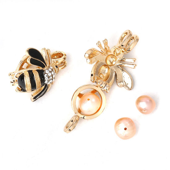 Picture of Zinc Based Alloy Wish Pearl Locket Jewelry Pendants Bee Animal Gold Plated Black Clear Rhinestone Enamel Can Open (Fit Bead Size: 8mm) 23mm( 7/8") x 22mm( 7/8"), 2 PCs