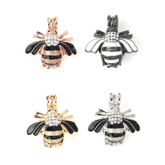 Picture of Zinc Based Alloy Wish Pearl Locket Jewelry Pendants Bee Animal Gold Plated Black Clear Rhinestone Enamel Can Open (Fit Bead Size: 8mm) 23mm( 7/8") x 22mm( 7/8"), 2 PCs