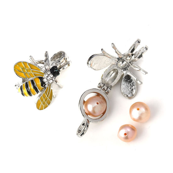 Picture of Zinc Based Alloy Wish Pearl Locket Jewelry Pendants Bee Animal Silver Tone Yellow Clear Rhinestone Enamel Can Open (Fit Bead Size: 8mm) 23mm( 7/8") x 22mm( 7/8"), 2 PCs