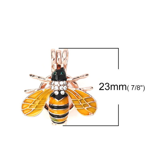 Bild von Zinklegierung Wunsch Perlenkäfig Schmuck Anhänger Biene Rosegold Gelb Transparent Strass Emaille Zum Öffnen (Für Perlengröße: 8mm) 23mm x 22mm, 2 Stück