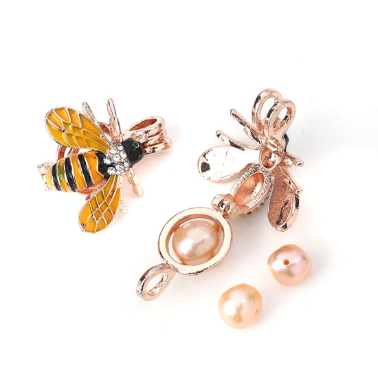 Picture of Zinc Based Alloy Wish Pearl Locket Jewelry Pendants Bee Animal Rose Gold Yellow Clear Rhinestone Enamel Can Open (Fit Bead Size: 8mm) 23mm( 7/8") x 22mm( 7/8"), 2 PCs