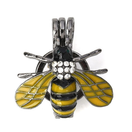 Picture of Zinc Based Alloy Wish Pearl Locket Jewelry Pendants Bee Animal Gold Plated Orange Clear Rhinestone Enamel Can Open (Fit Bead Size: 8mm) 23mm( 7/8