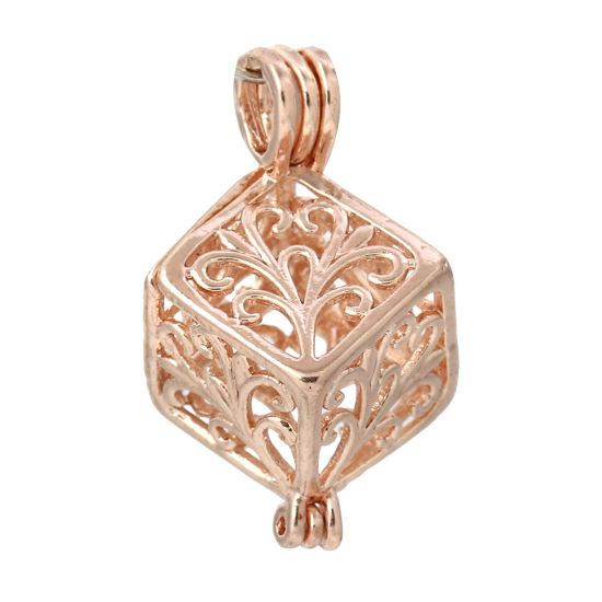 Picture of Copper Wish Pearl Locket Jewelry Pendants Square Rose Gold Can Open (Fit Bead Size: 10mm) 28mm(1 1/8") x 19mm( 6/8"), 3 PCs