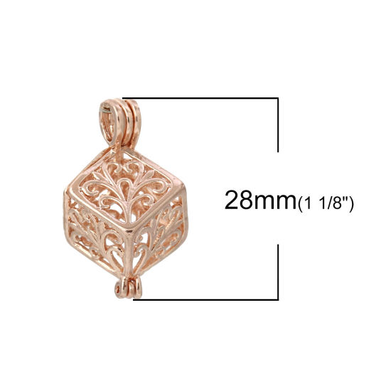 Bild von Kupfer Wunsch Perlenkäfig Schmuck Anhänger Quadrat Rosegold Zum Öffnen (Für Perlengröße: 10mm) 28mm x 19mm, 3 Stück