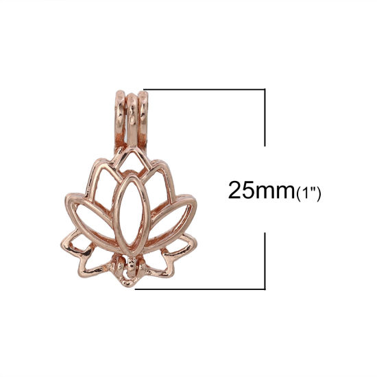 Bild von Zinklegierung Wunsch Perlenkäfig Schmuck Anhänger Lotosblume Rosegold Zum Öffnen (Für Perlengröße: 8mm) 25mm x 18mm, 5 Stück