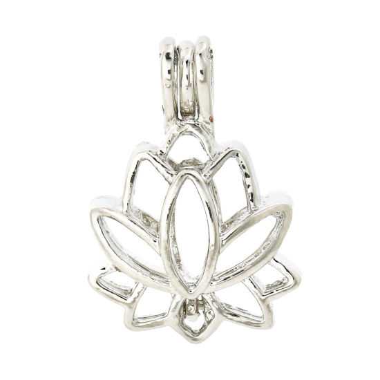 Image de Pendentifs Médaillon Porte Perle de Vœux en Alliage de Zinc Fleur de Lotus Argenté Pouvoir Ouvrir (Apparié à Perle: 8mm) 25mm x 18mm, 5 Pcs
