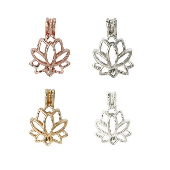 Bild von Zinklegierung Wunsch Perlenkäfig Schmuck Anhänger Lotosblume Versilbert Zum Öffnen (Für Perlengröße: 8mm) 25mm x 18mm, 5 Stück