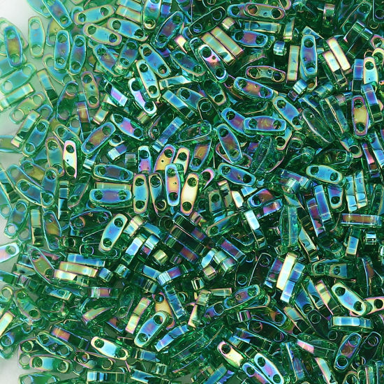 Picture of (Japan Import) Glass 1/4 Tila Rectangle Two Hole Twin Seed Beads Grass Green AB Rainbow Color Transparent 5mm x 1.3mm, Hole: Approx 0.8mm, 2 Grams (Approx 50 PCs/Gram)