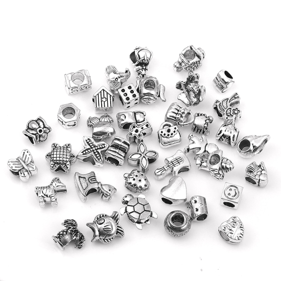 Picture of Zinc Based Alloy European Style Large Hole Charm Beads Animal Antique Silver Flower Mixed About 16mm x15mm( 5/8" x 5/8") - 9mm x8mm( 3/8" x 3/8"), Hole: Approx 4.6mm, 1 Set (Approx 40 PCs)