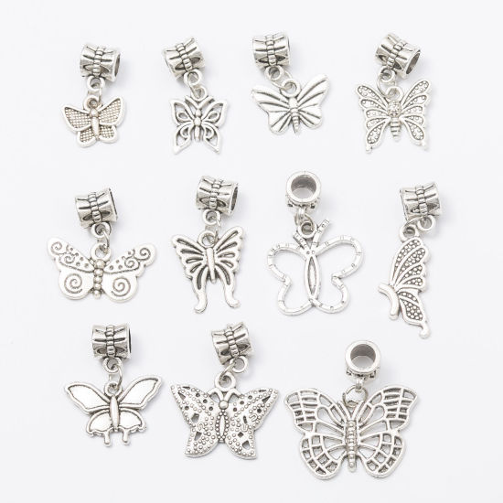 Picture of Zinc Based Alloy European Style Large Hole Charm Dangle Beads Butterfly Animal Antique Silver Color Mixed Pattern 27mm x26mm - 21mm x13mm, 1 Set (Approx 11 PCs)