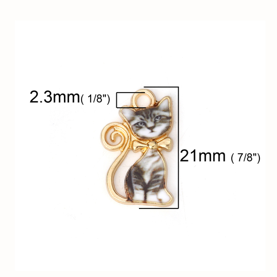 Immagine di Lega di Zinco Charms Gatto Oro Placcato Nero & Bianco Smalto 21mm x 13mm , 10 Pz