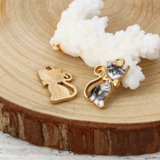 Immagine di Lega di Zinco Charms Gatto Oro Placcato Nero & Bianco Smalto 21mm x 13mm , 10 Pz
