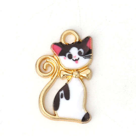Immagine di Lega di Zinco Charms Gatto Oro Placcato Bianco Smalto 21mm x 13mm , 10 Pz