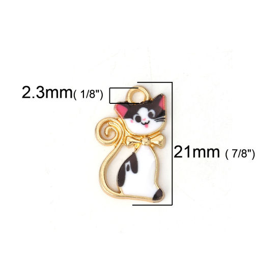 Immagine di Lega di Zinco Charms Gatto Oro Placcato Bianco Smalto 21mm x 13mm , 10 Pz