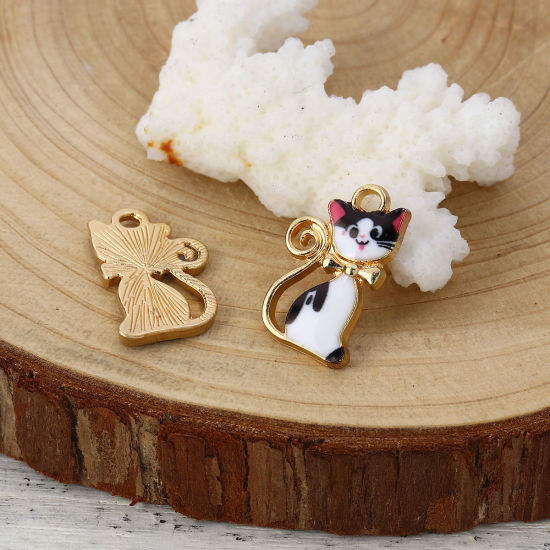 Immagine di Lega di Zinco Charms Gatto Oro Placcato Bianco Smalto 21mm x 13mm , 10 Pz