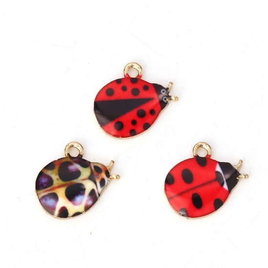 Picture of Zinc Based Alloy Charms Ladybug Animal Gold Plated Black & Red Enamel 15mm( 5/8") x 13mm( 4/8"), 10 PCs