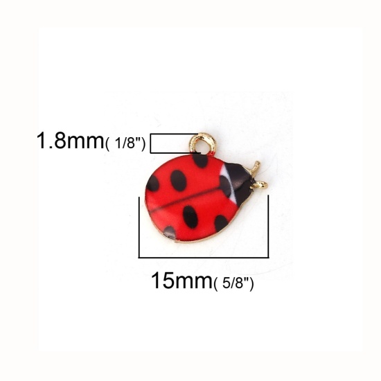 Picture of Zinc Based Alloy Charms Ladybug Animal Gold Plated Black & Red Enamel 15mm( 5/8") x 13mm( 4/8"), 10 PCs