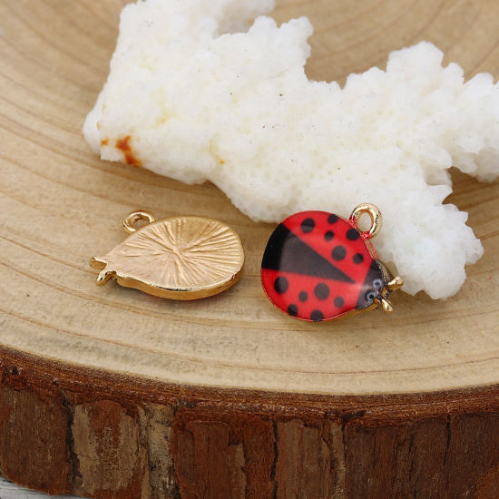 Picture of Zinc Based Alloy Charms Ladybug Animal Gold Plated Black & Red Enamel 15mm( 5/8") x 13mm( 4/8"), 10 PCs