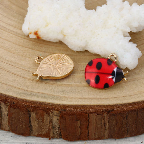 Picture of Zinc Based Alloy Charms Ladybug Animal Gold Plated Black & Red Enamel 15mm( 5/8") x 13mm( 4/8"), 10 PCs