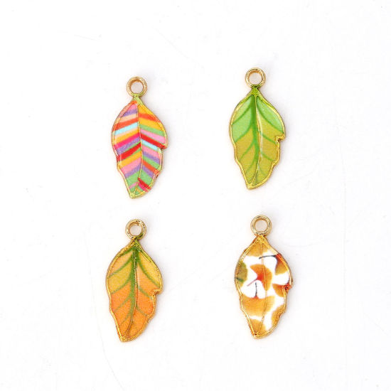 Picture of Zinc Based Alloy Charms Leaf Gold Plated Multicolor Enamel 22mm( 7/8") x 10mm( 3/8"), 10 PCs