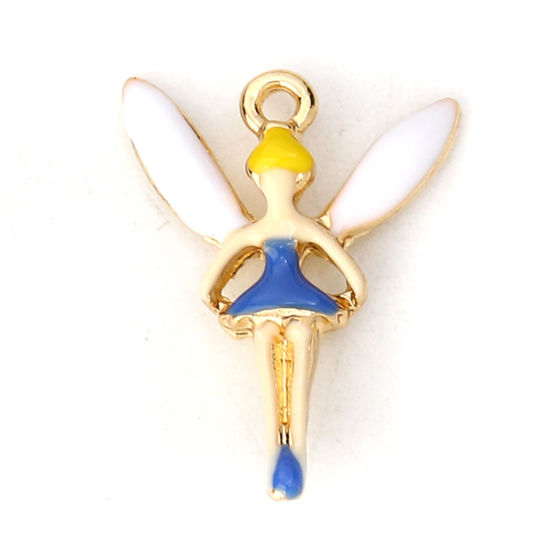 Imagen de Zamak Colgantes Charms Hada Chapado en Oro Azul Esmalte 16mm x 13mm, 10 Unidades