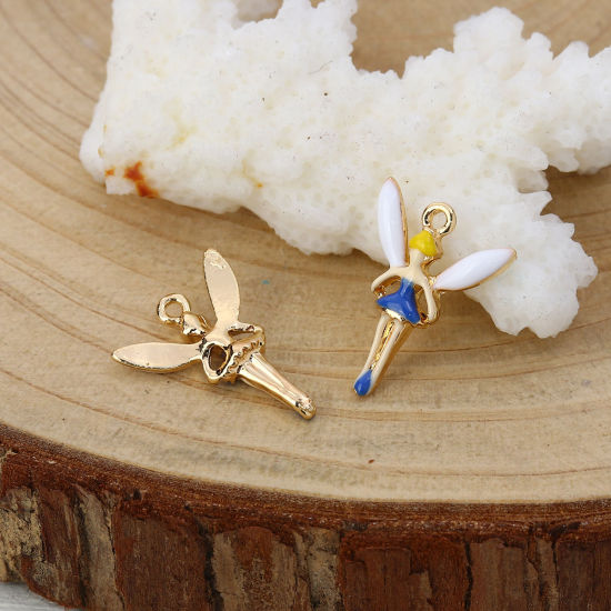 Imagen de Zamak Colgantes Charms Hada Chapado en Oro Azul Esmalte 16mm x 13mm, 10 Unidades