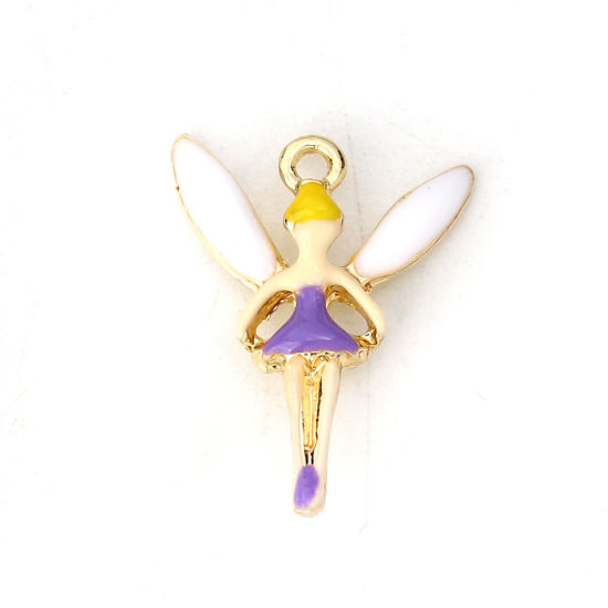 Imagen de Zamak Colgantes Charms Hada Chapado en Oro Púrpura Esmalte 16mm x 13mm, 10 Unidades