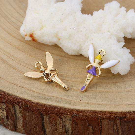 Imagen de Zamak Colgantes Charms Hada Chapado en Oro Púrpura Esmalte 16mm x 13mm, 10 Unidades