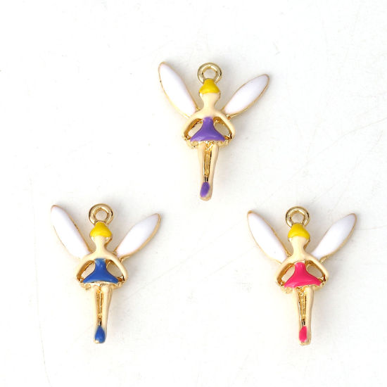 Imagen de Zamak Colgantes Charms Hada Chapado en Oro Púrpura Esmalte 16mm x 13mm, 10 Unidades