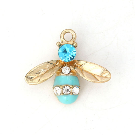 Picture of Zinc Based Alloy Charms Bee Animal Gold Plated Blue Clear Rhinestone Enamel 17mm( 5/8") x 15mm( 5/8"), 10 PCs