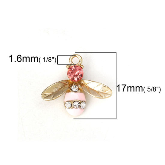 Picture of Zinc Based Alloy Charms Bee Animal Gold Plated Yellow Green Rhinestone Enamel 17mm( 5/8") x 15mm( 5/8"), 10 PCs